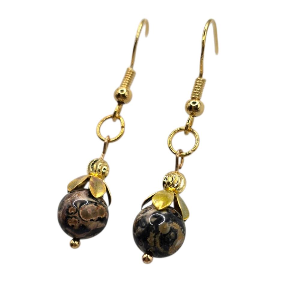 Pierced Earrings Leopard Skin Jasper Beads Artisan Handcrafted Gold Tone SKU2790
